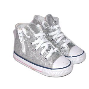 Converse All Star Silver High Top Sneakers Infants Size: 6 Lace + Zip Up NEW NIB